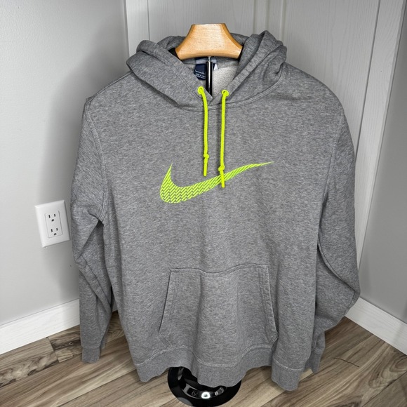 Nike Gray Hoodie Sweatshirt Large Swoosh Logo Pullover Fleece Kangaroo Pocket - Picture 1 of 6